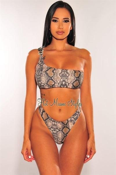 Brown Snake Print One Shoulder Jeweled Scrunch Butt Bikini Bottom - Hot Miami Styles
