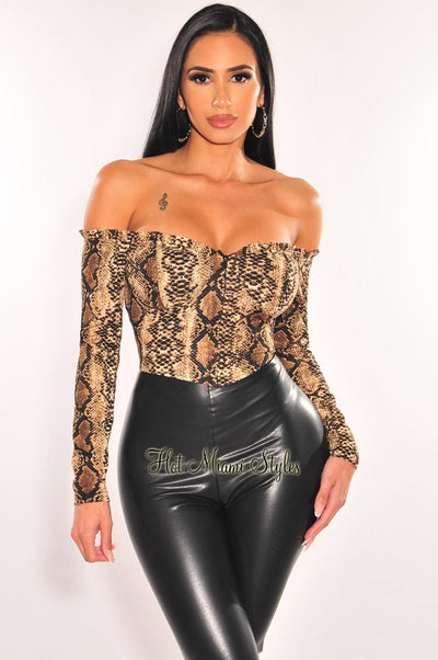 Brown Snake Print Padded Off Shoulder Long Sleeve Top - Hot Miami Styles