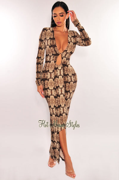 Brown Snake Print Plunge V Neck Ruffle Sleeve Maxi Dress - Hot Miami Styles