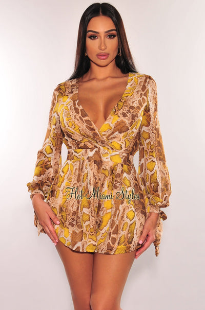 Brown Yellow Snake Print Cut Out Long Sleeve Romper - Hot Miami Styles