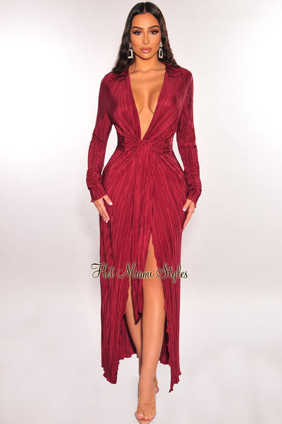 Burgundy Ribbed Collared Belted Long Sleeve Duster - Hot Miami Styles