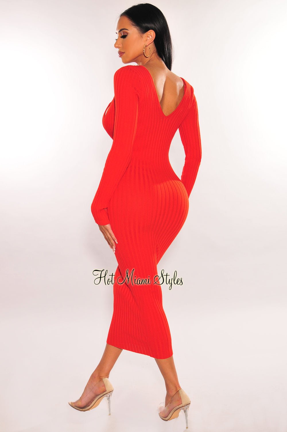 Burnt Orange Ribbed Knit Plunge Neck Long Sleeve Midi Dress + Bralette - Hot Miami Styles Small Burnt Orange Ribbed Knit Plunge Neck Long Sleeve Midi Dress + Bralette - Hot Miami Styles Small