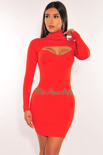 Burnt Orange Ribbed Knit Turtle Neck Long Sleeve Cut Out Dress - Hot Miami Styles