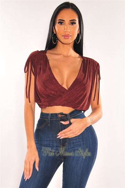 Burnt Toffee V Neck Draped Ruched Sleeveless Crop Top - Hot Miami Styles