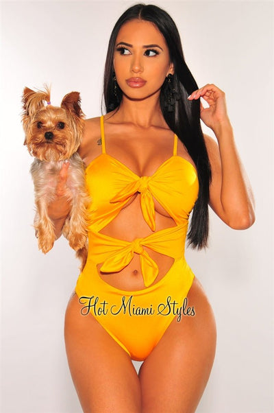 Canary Yellow Double Tie Up Cut Out Swimsuit - Hot Miami Styles