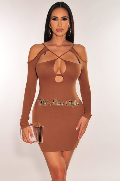 Caramel Cut Out CrissCross Long Sleeve Mini Dress - Hot Miami Styles