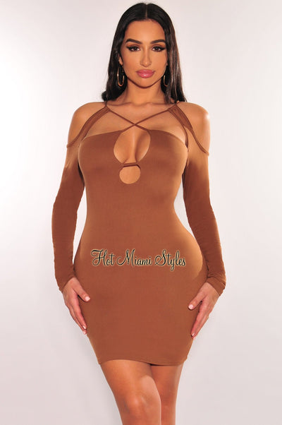 Caramel Cut Out CrissCross Long Sleeve Mini Dress - Hot Miami Styles