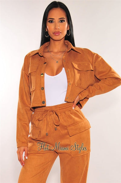 Caramel Faux Suede Collared Button Up Cropped Jacket - Hot Miami Styles
