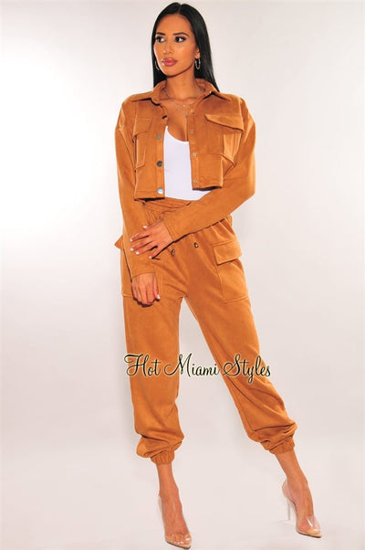 Caramel Faux Suede High Waist Cargo Jogger Pants - Hot Miami Styles