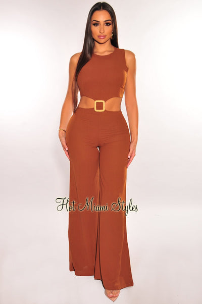 Caramel Sleeveless Cut Out Belted Palazzo Jumpsuit - Hot Miami Styles