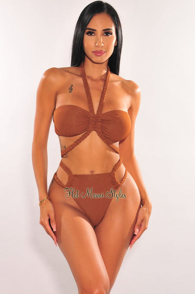 Caramel Twist Rope Tie Up Wrap Around Bikini Bottom - Hot Miami Styles