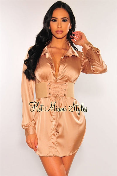 Champagne Satin Collared Button Down Belted Shirt Dress - Hot Miami Styles