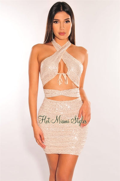 Champagne Sequins Halter CrissCross Cut Out Ruched Dress - Hot Miami Styles