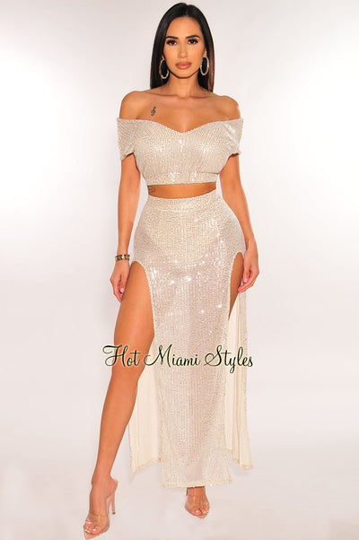 Champagne Sequins Sleeveless Double Slit Skirt Two Piece Set - Hot Miami Styles