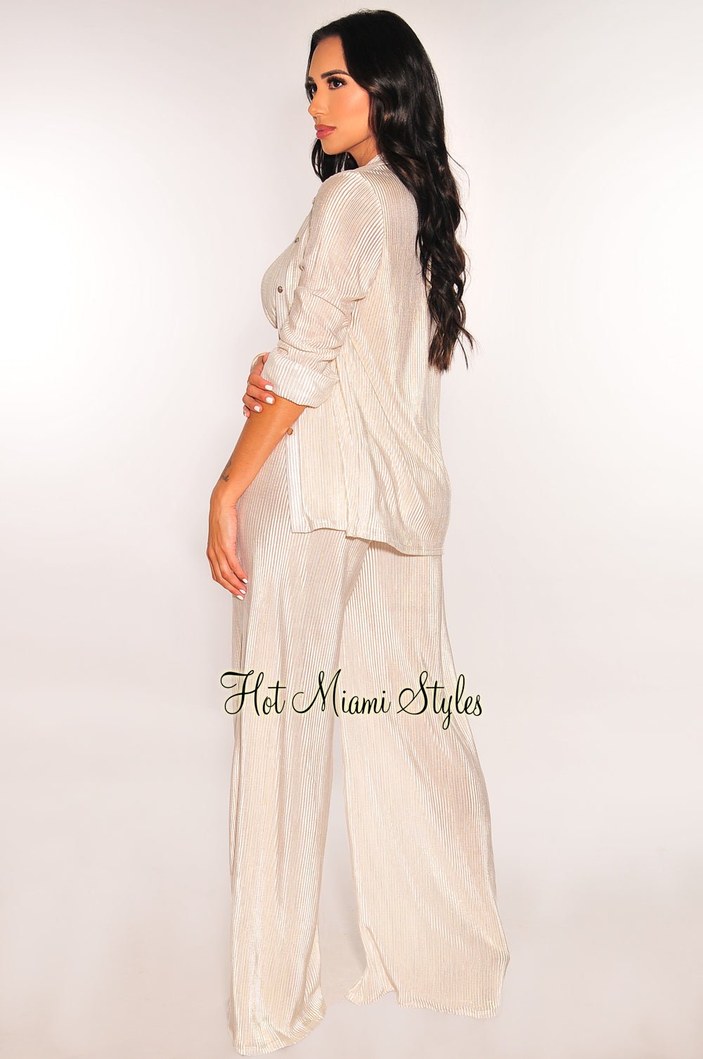 Buttoned high waist fashion wide leg pants