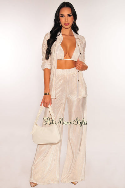 Champagne Shimmery Ribbed Halter Triangle Cut Top High Waist Wide Leg Pants Long Sleeves Button Down Three Piece Set - Hot Miami Styles