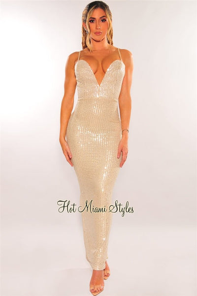 Champagne Silver Sequins Spaghetti Strap Sweetheart Maxi Dress - Hot Miami Styles