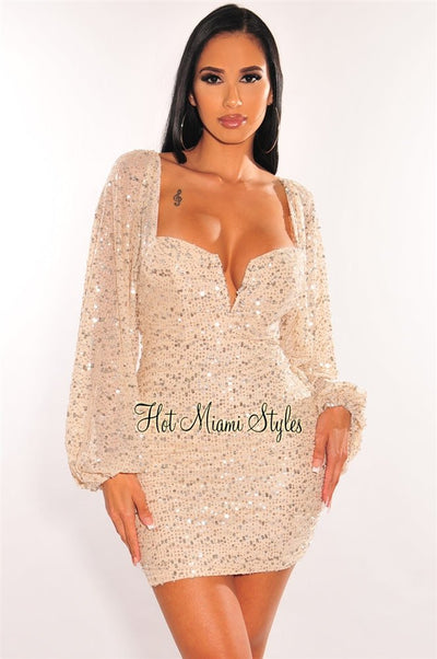 Champagne Silver Sequins V Wire Long Sleeve Ruched Dress - Hot Miami Styles