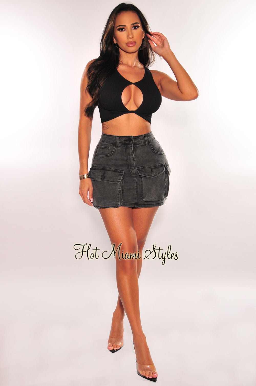 ミニスカート [MATINKIM]cargo mini skirt in charcoal Charcoal Cargo Pocket Mini Skirt – Hot Miami Styles