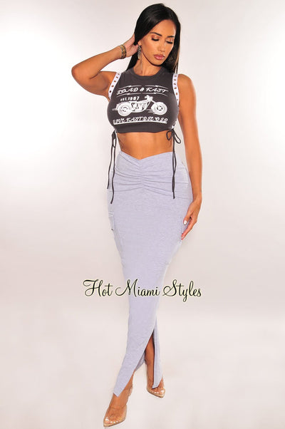 Charcoal Gray “Load and Fast” Lace Up Sleeveless Graphic Top Cargo Slit Skirt Two Piece Set - Hot Miami Styles