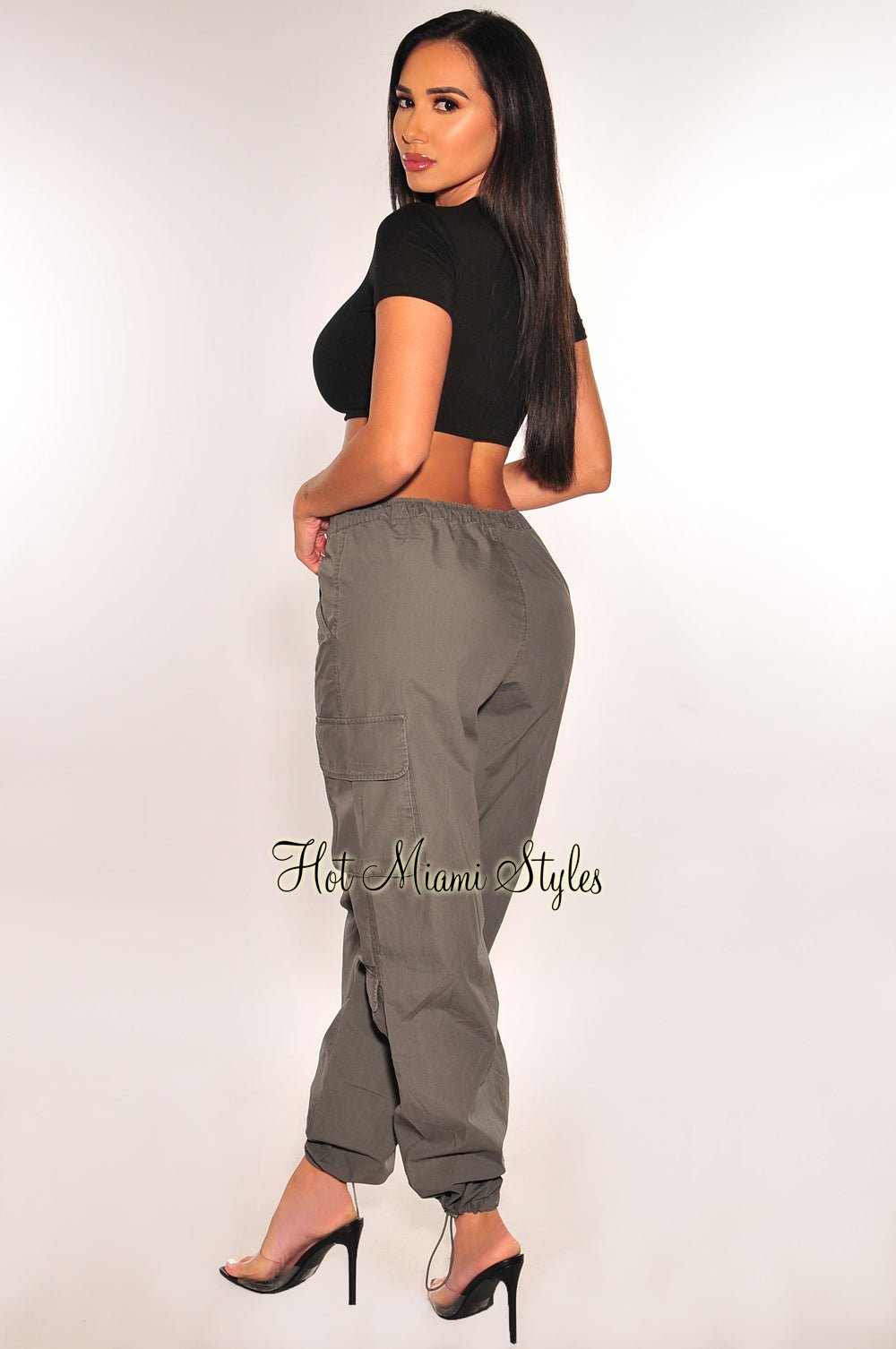 Charcoal High Waist Drawstring Cargo Parachute Pants – Hot Miami