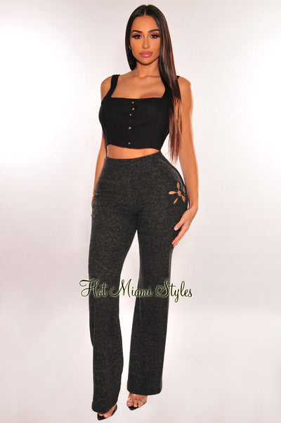 Charcoal Knit Flower Ring Flare Pants - Hot Miami Styles