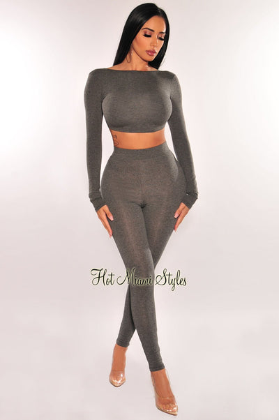 Charcoal Long Sleeve Open Back High Waist Legging Two Piece Set - Hot Miami Styles