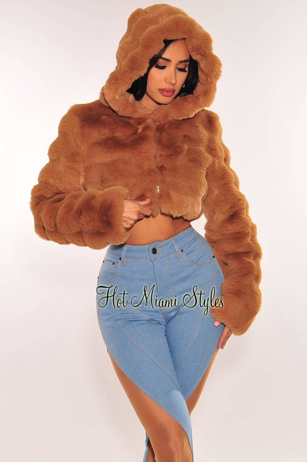 Faux fashion fur hooded cropped jacket