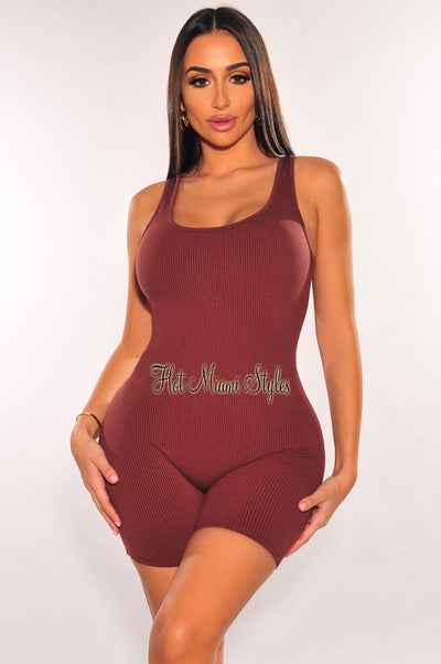 Chocolate Brown Ribbed Knit Sleeveless Romper - Hot Miami Styles