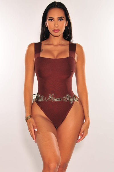 Chocolate Brown Square Neck Straps Bandage Bodysuit - Hot Miami Styles