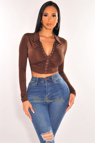 Chocolate Collared Long Sleeve Snap Button Ruched Crop Top - Hot Miami Styles