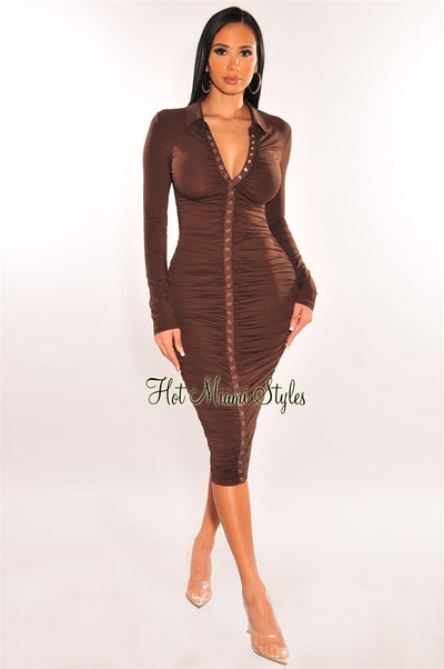 Chocolate Collared Long Sleeve Snap Button Up Ruched Midi Dress - Hot Miami Styles