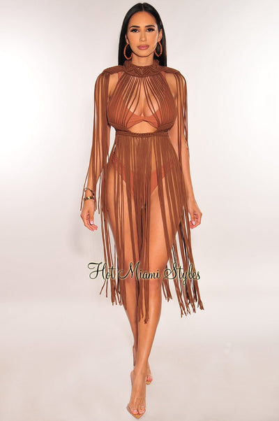 Chocolate Crochet Cape Sleeves Fringe Cover Up Dress - Hot Miami Styles