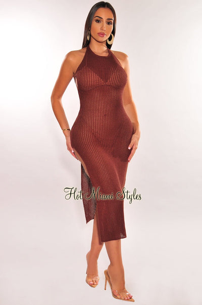 Chocolate Crochet Halter Tie Up Back Slit Cover Up Dress - Hot Miami Styles