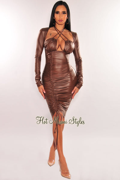 Brown Collared Long Sleeve Button Up Ruched Dress - Hot Miami Styles