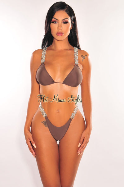 Chocolate Jeweled Tie Up Padded Scrunch Butt Bikini - Hot Miami Styles