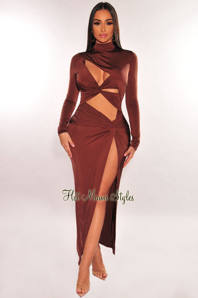 Chocolate Mock Neck Cut Out Long Sleeve Knotted Slit Dress - Hot Miami Styles