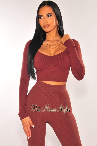 Chocolate Ribbed Knit Faux Bustier Long Sleeves Crop Top - Hot Miami Styles