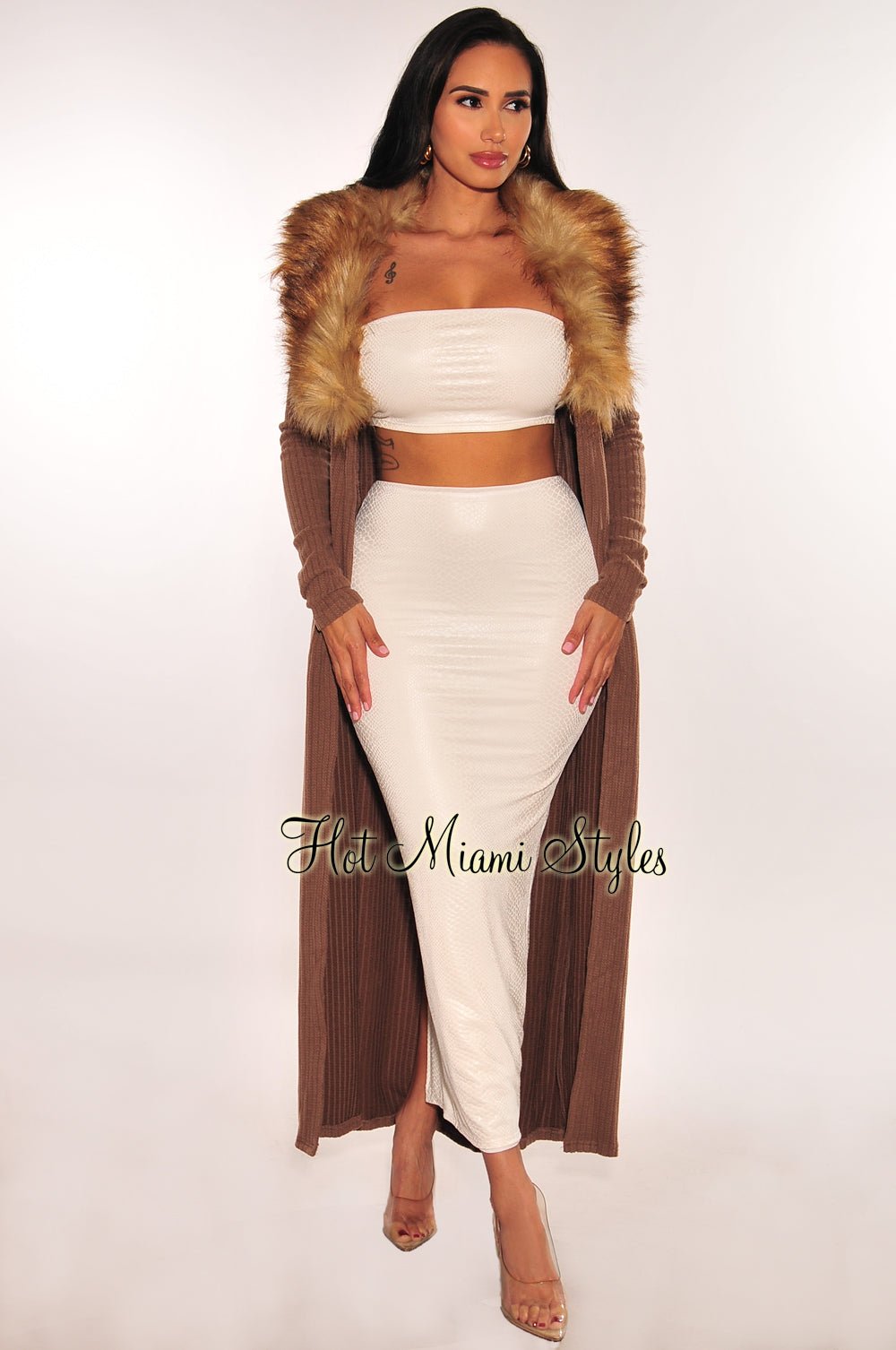 Chocolate Ribbed Knit Faux Fur Collar Long Sleeves Duster Coat Large Chocolate Ribbed Knit Faux Fur Collar Long Sleeves Duster Coat Large