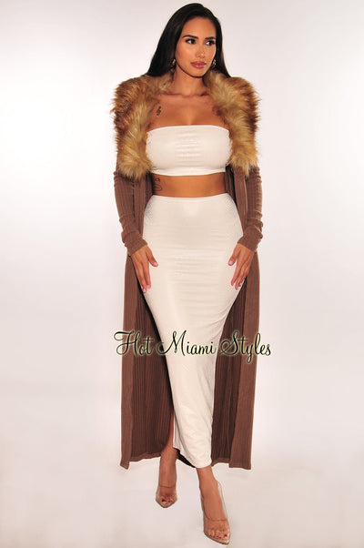 Chocolate Ribbed Knit Faux Fur Collar Long Sleeves Duster Coat - Hot Miami Styles