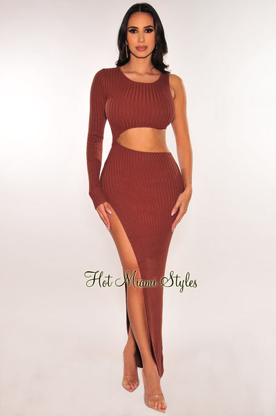 Chocolate Ribbed Knit One Sleeve Cut Out Slit Maxi Dress - Hot Miami Styles