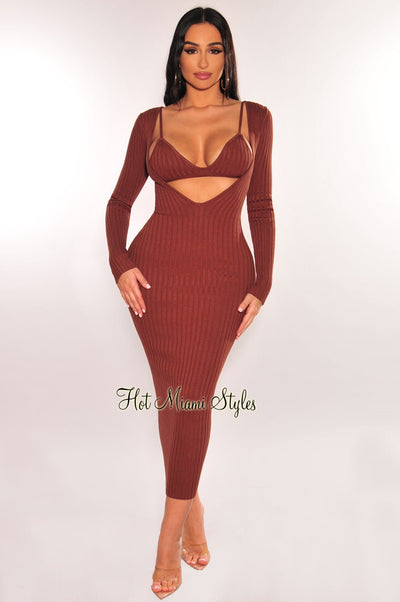 Chocolate Ribbed Knit Plunge Neck Long Sleeve Midi Dress + Bralette - Hot Miami Styles