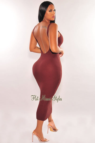 Chocolate Ribbed Sleeveless Scoop Back Midi Dress - Hot Miami Styles
