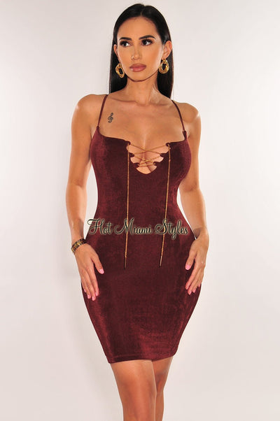 Chocolate Shimmery Spaghetti Strap Gold Chain Lace Up Mini Dress - Hot Miami Styles