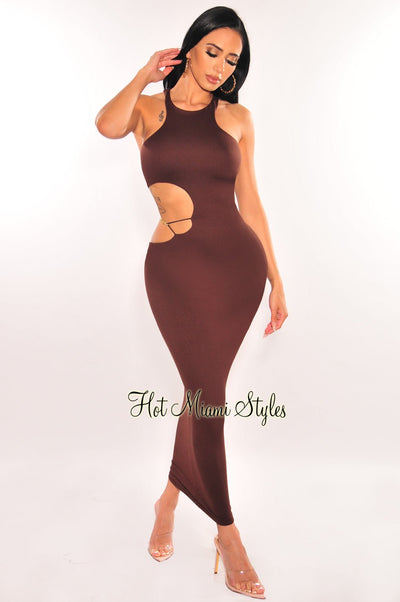 Chocolate Sleeveless Gold Chain Cut Out Midi Dress - Hot Miami Styles