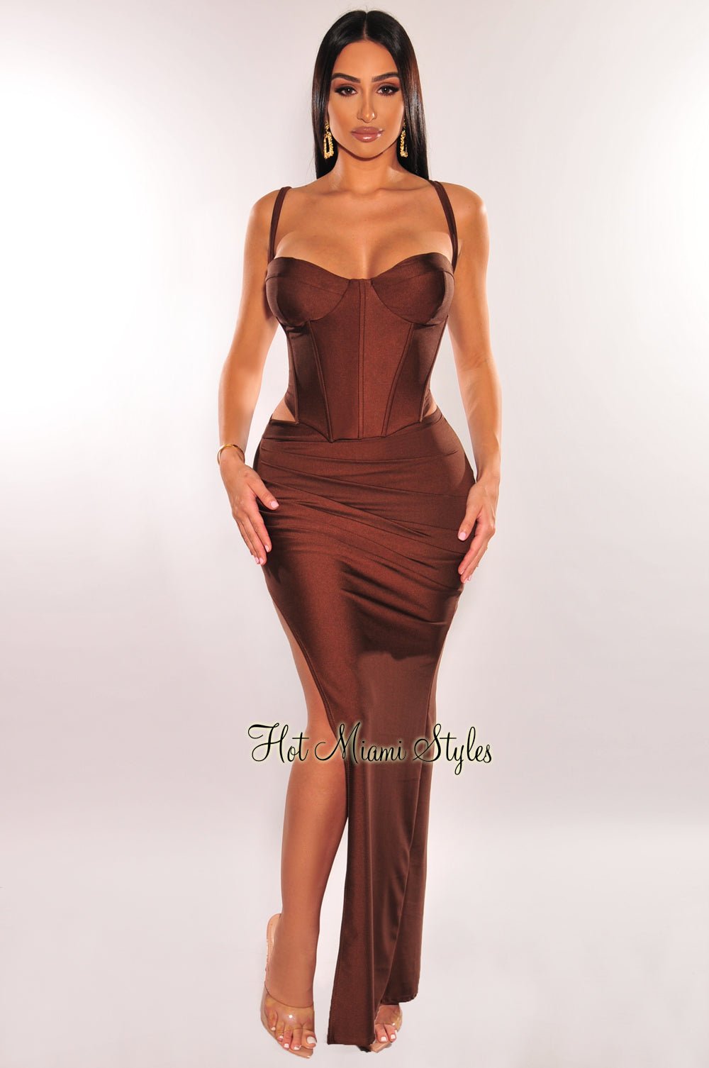 Chocolate Spaghetti Strap Padded Boned Corset Ruched Slit Skirt Two Piece Set Small Chocolate Spaghetti Strap Padded Boned Corset Ruched Slit Skirt Two Piece Set Small