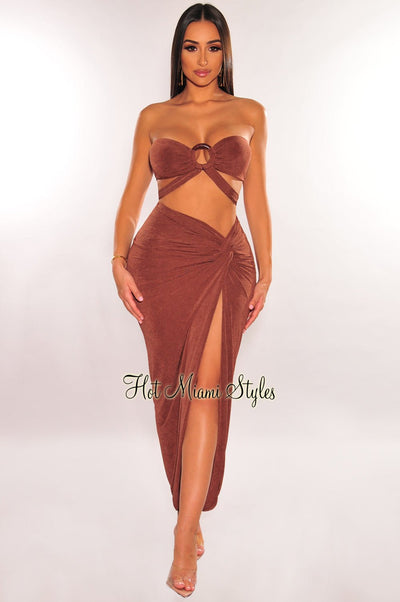 Chocolate Strapless O-Ring Wrap Around Knotted Slit Skirt Two Piece Set - Hot Miami Styles