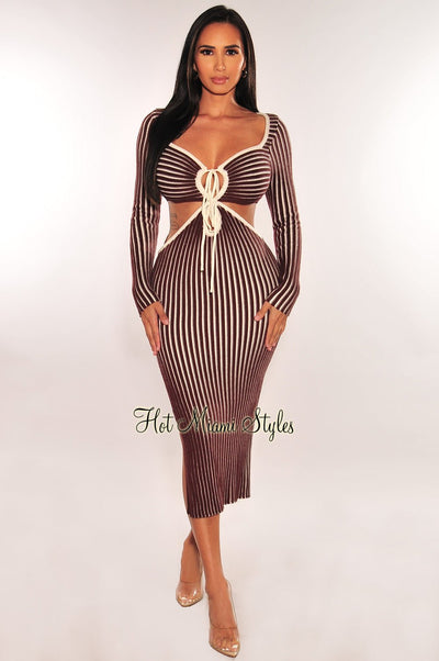Chocolate White Ribbed Knit Keyhole Cut Out Slit Dress - Hot Miami Styles