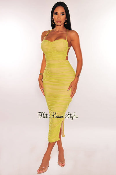 Citrus Nude Mesh Lace Up Back Ruched Slit Midi Dress - Hot Miami Styles