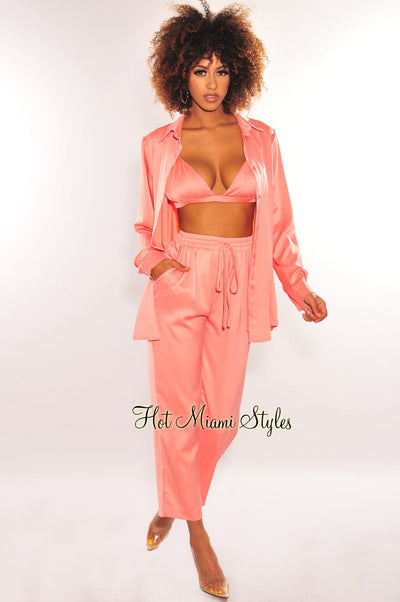 Coral Silky Bralette Collared Button Up Palazzo Pants Three Piece Set - Hot Miami Styles